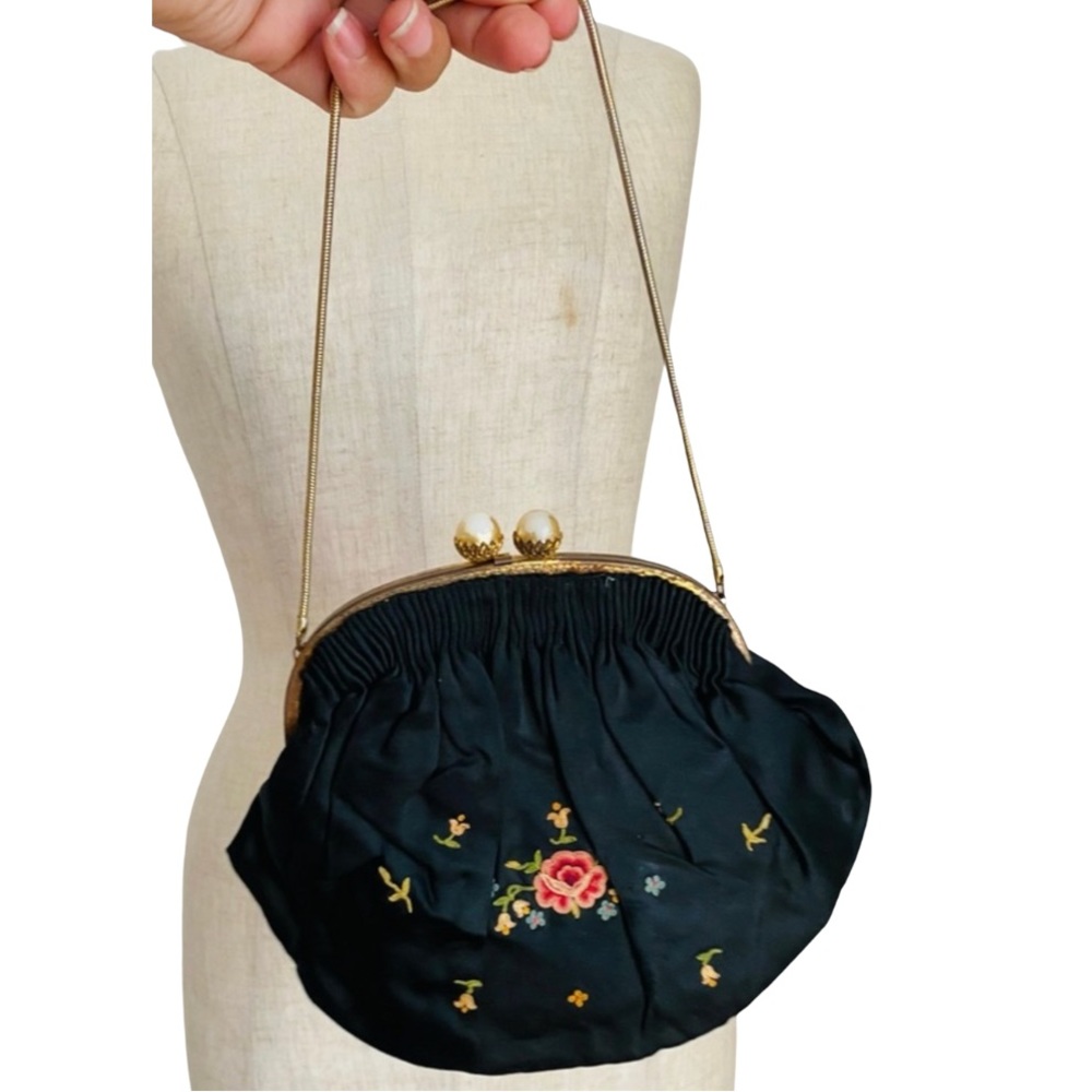 Vintage 30s 40s Made in France Small Black Floral Embroidered Handbag Gold Strap
